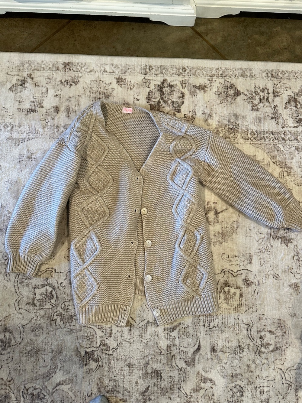 Pink Lily Taupe Cable Knit Button-Up Cardigan